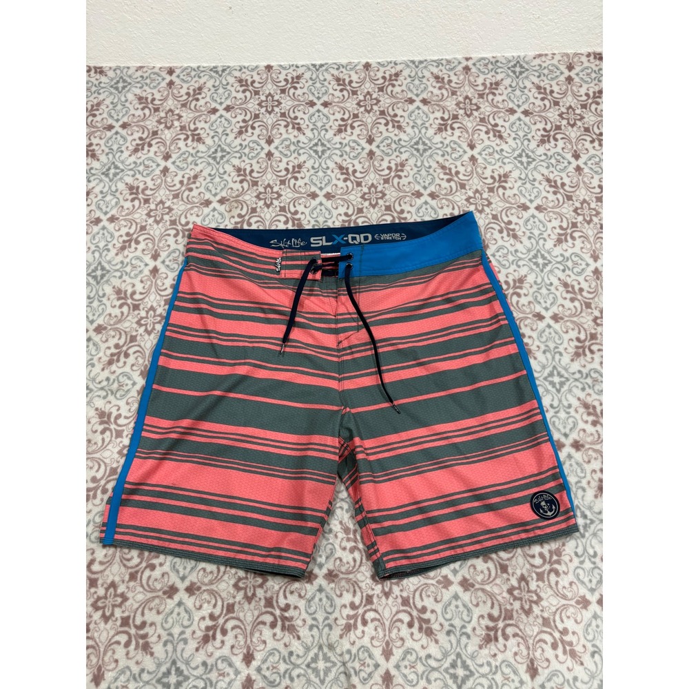 Salt Life SLX-QD Vapor Stretch Board Shorts Mens 38 Pink Grey Striped Swim Trunk